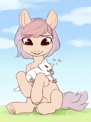 Size: 926x1231 | Tagged: safe, artist:aphphphphp, oc, oc only, cat, earth pony, pony, commission, heart, kitten, sitting, solo, underhoof, ych result