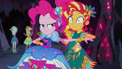 Size: 1280x720 | Tagged: safe, edit, edited screencap, screencap, pinkie pie, sunset shimmer, comic:a new change, equestria girls, g4, legend of everfree - bloopers, my little pony equestria girls: legend of everfree, crystal gala, crystal gala dress, fanfic, pregnant, pregnant edit, teen pregnancy