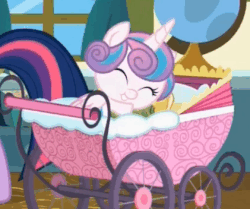 Size: 421x352 | Tagged: safe, screencap, princess flurry heart, twilight sparkle, whammy, alicorn, pony, a flurry of emotions, g4, animated, baby carriage, cuddly, cute, cutest pony alive, cutest pony ever, daaaaaaaaaaaw, eyes closed, female, flurrybetes, gif, globe, happy, hnnng, hug, huggable, pillow, ponyville schoolhouse, tail, twilight sparkle (alicorn), weapons-grade cute