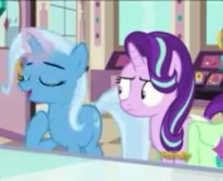 Size: 591x480 | Tagged: safe, screencap, starlight glimmer, trixie, pony, unicorn, all bottled up, g4, eyes closed, horn, smiling