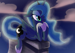 Size: 1920x1357 | Tagged: safe, artist:definisher, princess luna, pony, g4, battlement, cloud, female, floppy ears, night, prone, solo