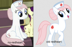 Size: 713x468 | Tagged: safe, screencap, boysenberry, nurse redheart, pony, a flurry of emotions, g4, horsey hives, new cutie mark, redesign
