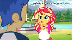 Size: 300x168 | Tagged: safe, edit, edited screencap, screencap, flash sentry, sunset shimmer, comic:a new change, equestria girls, g4, my little pony equestria girls: legend of everfree, bad edit, fanfic, female, male, pregnant, pregnant edit, ship:flashimmer, shipping, straight, teen pregnancy