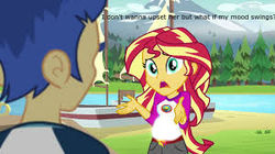 Size: 300x168 | Tagged: safe, edit, edited screencap, screencap, flash sentry, sunset shimmer, comic:a new change, equestria girls, g4, my little pony equestria girls: legend of everfree, camp everfree outfits, clothes, female, male, mountain, picture for breezies, pregnant, pregnant edit, river, sailboat, ship:flashimmer, shipping, shorts, straight, sun, tree