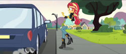 Size: 1023x439 | Tagged: safe, edit, edited screencap, screencap, sunset shimmer, comic:a new change, equestria girls, g4, my little pony equestria girls: friendship games, boots, car, clothes, fence, high heel boots, jacket, leather jacket, mountain, pregnant, pregnant edit, raised leg, sidewalk, tree