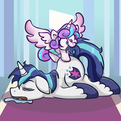 Size: 1024x1024 | Tagged: safe, artist:yoshimarsart, princess flurry heart, shining armor, alicorn, pony, unicorn, a flurry of emotions, g4, bags under eyes, biting, drool, eyes closed, father and daughter, floppy ears, majestic as fuck, messy mane, prone, sleeping, tail bite, watermark