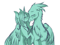 Size: 1250x950 | Tagged: safe, artist:yuyusunshine, oc, oc only, oc:aphrodelia, oc:hades, griffon, pony, unicorn, female, hug, interspecies, kissing, male, mare, monochrome, shipping, straight, winghug