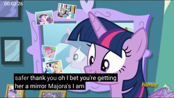 Size: 2560x1440 | Tagged: safe, screencap, twilight sparkle, alicorn, pony, celestial advice, g4, meme, mirror, the legend of zelda, the legend of zelda: majora's mask, twilight sparkle (alicorn), youtube caption