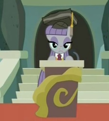 Size: 403x450 | Tagged: safe, screencap, maud pie, earth pony, pony, g4, rock solid friendship, bipedal, bipedal leaning, cropped, female, graduation, graduation cap, hat, leaning, mare, maud pie's tie, necktie, podium, rocktorate, solo
