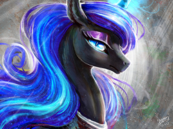 Size: 1890x1417 | Tagged: safe, artist:begasus, nightmare moon, alicorn, pony, g4, beautiful, eyeshadow, female, glowing horn, horn, lidded eyes, looking at you, makeup, mare, missing accessory, signature, solo