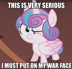 Size: 967x916 | Tagged: safe, screencap, princess flurry heart, pony, a flurry of emotions, g4, cute, dragon ball, dragonball z abridged, faic, female, flurrybetes, guru (dragonball z), image macro, meme, reaction image, solo, super kami guru, war face