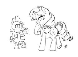 Size: 600x443 | Tagged: safe, artist:pia-sama, rarity, spike, dragon, pony, unicorn, g4, cute, female, flexing, male, mare, monochrome, ship:sparity, shipping, simple background, smiling, straight, white background