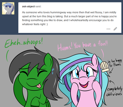 Size: 1280x1115 | Tagged: safe, artist:hummingway, oc, oc only, oc:feather hummingway, oc:swirly shells, pegasus, pony, ask-humming-way, dialogue, duo, female, happy, male, mare, stallion, tumblr, tumblr comic