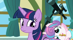 Size: 852x468 | Tagged: safe, screencap, princess flurry heart, twilight sparkle, alicorn, pony, a flurry of emotions, g4, discovery family logo, telescope, twilight sparkle (alicorn)