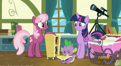 Size: 852x468 | Tagged: safe, screencap, cheerilee, spike, twilight sparkle, alicorn, dragon, pony, a flurry of emotions, g4, book, bookshelf, lidded eyes, stoner spike, stroller, twilight sparkle (alicorn)