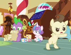 Size: 602x469 | Tagged: safe, screencap, pound cake, princess flurry heart, pumpkin cake, spike, dragon, a flurry of emotions, g4, animated, checklist, fight, gif, hot air balloon, toy