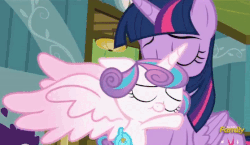 Size: 557x324 | Tagged: safe, screencap, princess flurry heart, twilight sparkle, alicorn, pony, a flurry of emotions, g4, animated, aunt and niece, baby, cheek kiss, cloth diaper, cute, diaper, female, flurrybetes, forgiveness, gif, holding a pony, hug, kissing, platonic kiss, ponyville hospital, safety pin, thank you, twilight is bae, twilight sparkle (alicorn)