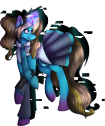 Size: 1024x1225 | Tagged: safe, artist:fizzy2014, oc, oc only, oc:fizzy, pony, unicorn, clothes, cosplay, costume, error, female, glitch, magic, mare, necktie, simple background, skirt, skirt lift, solo, transparent background, vocaloid