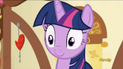 Size: 400x225 | Tagged: safe, edit, edited screencap, screencap, starlight glimmer, twilight sparkle, alicorn, pony, a flurry of emotions, g4, animated, discovery family logo, equal sign, female, floppy ears, gif, stamp, stamp of forgiveness, sugarcube corner, twilight sparkle (alicorn)