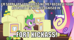 Size: 546x298 | Tagged: safe, edit, edited screencap, screencap, princess cadance, spike, alicorn, dragon, pony, a flurry of emotions, g4, archer (show), diaper, discovery family logo, female, fort kickass, male, mare, meme, twilight's castle