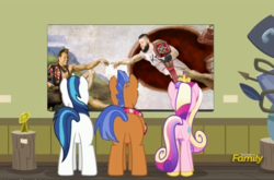 Size: 699x462 | Tagged: safe, edit, princess cadance, shining armor, spearhead, pony, a flurry of emotions, g4, chris jericho, fine art parody, kevin owens, parody, photoshop, the creation of adam, the creation of kevin, the festival of friendship, wwe