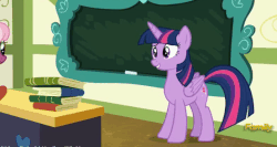 Size: 553x295 | Tagged: safe, screencap, cheerilee, twilight sparkle, alicorn, pony, a flurry of emotions, g4, animated, chalk, chalkboard, female, gif, mouth hold, school, twilight sparkle (alicorn)