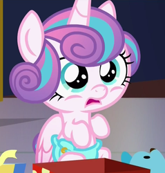 Size: 420x440 | Tagged: safe, screencap, princess flurry heart, alicorn, pony, a flurry of emotions, g4, baby, baby pony, cloth diaper, diaper, female, present, safety pin, shocked expression, solo, toy