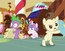 Size: 602x469 | Tagged: safe, screencap, pound cake, princess flurry heart, pumpkin cake, spike, alicorn, dragon, pegasus, pony, a flurry of emotions, g4, baby, baby pony, diaper, female, gif, male, non-animated gif, toy