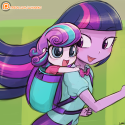 Size: 750x750 | Tagged: safe, artist:lumineko, princess flurry heart, twilight sparkle, alicorn, a flurry of emotions, equestria girls, g4, season 7, auntie twilight, baby, backpack, clothes, cute, equestria girls-ified, female, open mouth, patreon, patreon logo, that was fast, twilight is baetwilight sparkle (alicorn), twilight sparkle (alicorn)