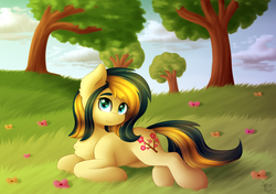 Size: 2700x1900 | Tagged: safe, artist:spirit-dude, oc, oc only, oc:flower heart, pony, commission, female, flower, grass, looking at you, mare, prone, scenery, smiling, solo, tree