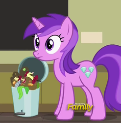 Size: 369x374 | Tagged: safe, screencap, amethyst star, sparkler, pony, unicorn, a flurry of emotions, g4, apple core, cropped, discovery family logo, female, mare, solo, trash can