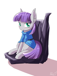Size: 1200x1600 | Tagged: safe, artist:phoenixperegrine, maud pie, earth pony, pony, g4, blushing, clothes, female, looking at you, mare, simple background, sitting, smiling, solo