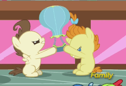 Size: 744x508 | Tagged: safe, screencap, pound cake, pumpkin cake, pony, a flurry of emotions, g4, animated, fight, gif, hot air balloon, toy, tug of war