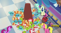 Size: 562x302 | Tagged: safe, screencap, berry punch, berryshine, bon bon, cherry berry, lyra heartstrings, sweetie drops, earth pony, pony, a flurry of emotions, g4, discovery family logo, female, toy, toy store