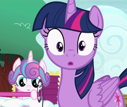 Size: 562x477 | Tagged: safe, screencap, princess flurry heart, twilight sparkle, alicorn, pony, a flurry of emotions, g4, :o, cropped, open mouth, stroller, twilight sparkle (alicorn)