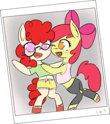 Size: 1143x1294 | Tagged: safe, anonymous artist, apple bloom, twist, earth pony, pony, g4, belly button, blushing, clothes, friendship, glasses, midriff, pajamas, pants, photo, shirt, short shirt, shorts, simple background, smiling, socks, tank top, transparent background, waving