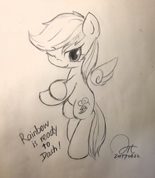 Size: 2130x2445 | Tagged: safe, artist:aitureria, rainbow dash, pegasus, pony, g4, cute, cutie mark, female, floating wings, high res, looking at you, monochrome, one eye closed, pencil drawing, simple background, sketch, smiling, solo, standing, traditional art, wide eyes, wings