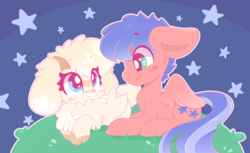 Size: 1024x626 | Tagged: safe, artist:sohmasatori, oc, oc only, goat, pegasus, pony, commission, cute, duo, floppy ears, horn, looking at each other, male, night, ocbetes, prone, smiling, stallion, stars