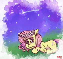 Size: 1024x964 | Tagged: safe, artist:moenii-san, fluttershy, pony, g4, bandaid, crying, female, floral head wreath, flower, looking down, night, prone, sad, shooting star, solo, teary eyes, wingless