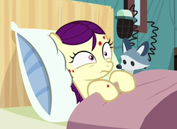 Size: 601x441 | Tagged: safe, screencap, boysenberry, earth pony, pony, a flurry of emotions, g4, cute, female, filly, horsey hives, plushie, ponyville hospital, sick, solo