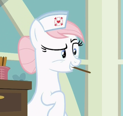 Size: 414x393 | Tagged: safe, screencap, nurse redheart, earth pony, pony, a flurry of emotions, g4, season 7, blue eyes, female, mare, pink hair, pink mane, raised eyebrow, solo, tongue depressor, white body, white coat, white fur, white pony