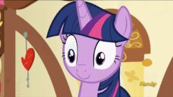Size: 400x225 | Tagged: safe, edit, edited screencap, screencap, pinkie pie, twilight sparkle, alicorn, duck, earth pony, pony, a flurry of emotions, g4, animated, blinking, c:, discovery family logo, duck badge, female, floppy ears, frown, gif, hoof hold, lidded eyes, looking up, mare, meta, op is a duck (reaction image), sad, smiling, solo focus, stamp, stamp of forgiveness, sugarcube corner, twilight sparkle (alicorn), unamused, wide eyes