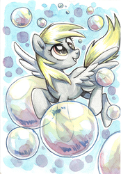 Size: 625x900 | Tagged: safe, artist:yulyeen, derpy hooves, pegasus, pony, g4, bubble, female, flying, looking up, mare, smiling, solo, spread wings, traditional art, wings