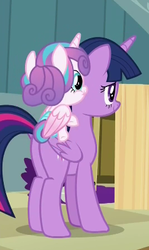Size: 238x399 | Tagged: safe, screencap, princess flurry heart, twilight sparkle, alicorn, pony, a flurry of emotions, g4, butt, cropped, female, flurry heart riding twilight, mare, plot, ponies riding ponies, ponyville hospital, riding, twilight sparkle (alicorn)