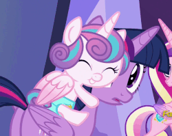 Size: 627x500 | Tagged: safe, screencap, princess cadance, princess flurry heart, twilight sparkle, alicorn, pony, a flurry of emotions, g4, animated, auntie twilight, baby, cloth diaper, cropped, cute, diaper, female, flurry heart riding twilight, flurrybetes, gif, hug, nuzzling, ponies riding ponies, riding, safety pin, twilight sparkle (alicorn), twilight's castle