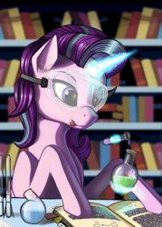 Size: 2221x3108 | Tagged: safe, artist:lightly-san, starlight glimmer, pony, unicorn, g4, book, chemistry, female, focus, glowing horn, goggles, high res, horn, magic, mare, potion, safety goggles, smiling, solo, telekinesis, tongue out