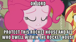 Size: 600x338 | Tagged: safe, edit, edited screencap, screencap, pinkie pie, sunset shimmer, equestria girls, g4, my little pony equestria girls: friendship games, bracelet, image macro, jewelry, male, meme, necktie, pinkie pie praying, quote, the simpsons