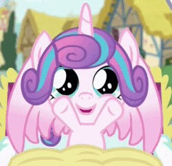 Size: 474x456 | Tagged: safe, screencap, princess flurry heart, alicorn, pony, a flurry of emotions, g4, animated, cooing, cute, female, female pov, flurrybetes, foal, gif, giggling, happy, hoofy-kicks, looking at you, loop, open mouth, smiling, spread wings, waving, wings