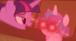 Size: 1600x865 | Tagged: safe, edit, edited screencap, screencap, princess flurry heart, twilight sparkle, alicorn, pony, a flurry of emotions, g4, angry, glowing eyes, glowing eyes meme, glowing eyes of doom, meme, smiling, smirk, twilight sparkle (alicorn), twilight's castle