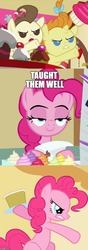 Size: 500x1422 | Tagged: safe, edit, edited screencap, screencap, pinkie pie, pound cake, pumpkin cake, pony, a flurry of emotions, g4, secret of my excess, cake, cupcake, food, screencap comic